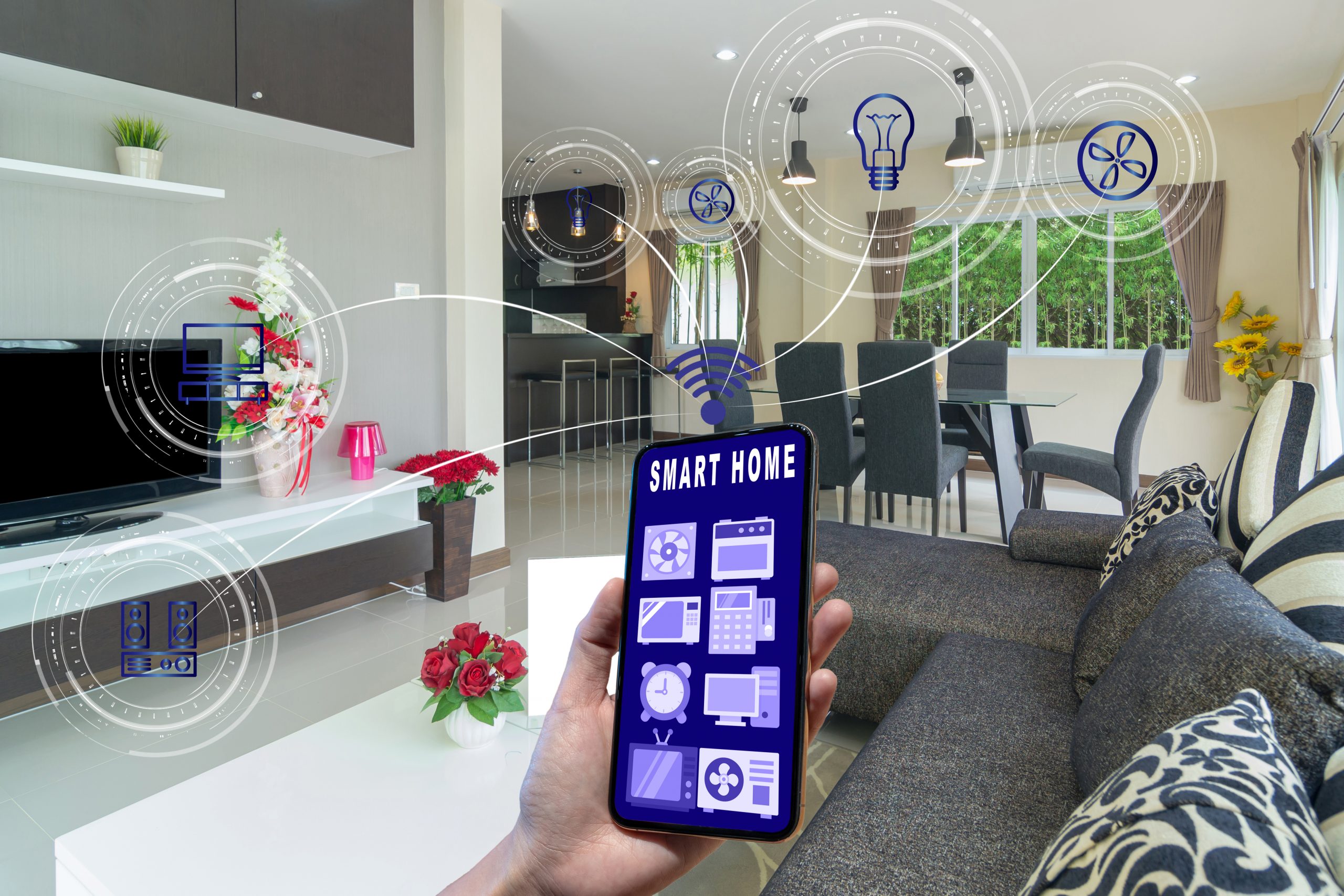 Smart Home and augmented reality Technology concept, Hand holding smart phone